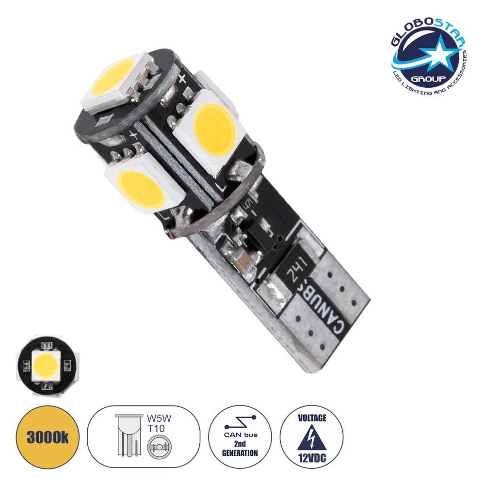 GloboStar® T10 W5W 81090 Λάμπα Αυτοκίνητου LED  2rd Generation Can-Bus Series 5xSMD5050 2.30W 300lm 360° DC 12-16V IP20 Φ1.1 x Υ2.7cm Θερμό Λευκό 3000K